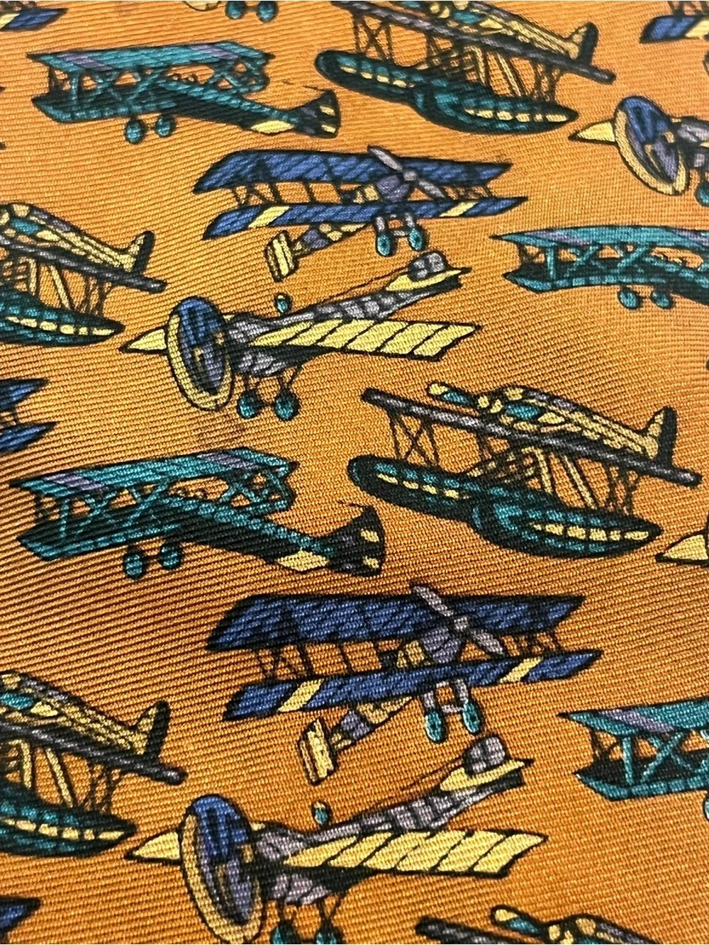 Vintage Liberty of London mustard brown bi-plane print silk Tie. EUC!